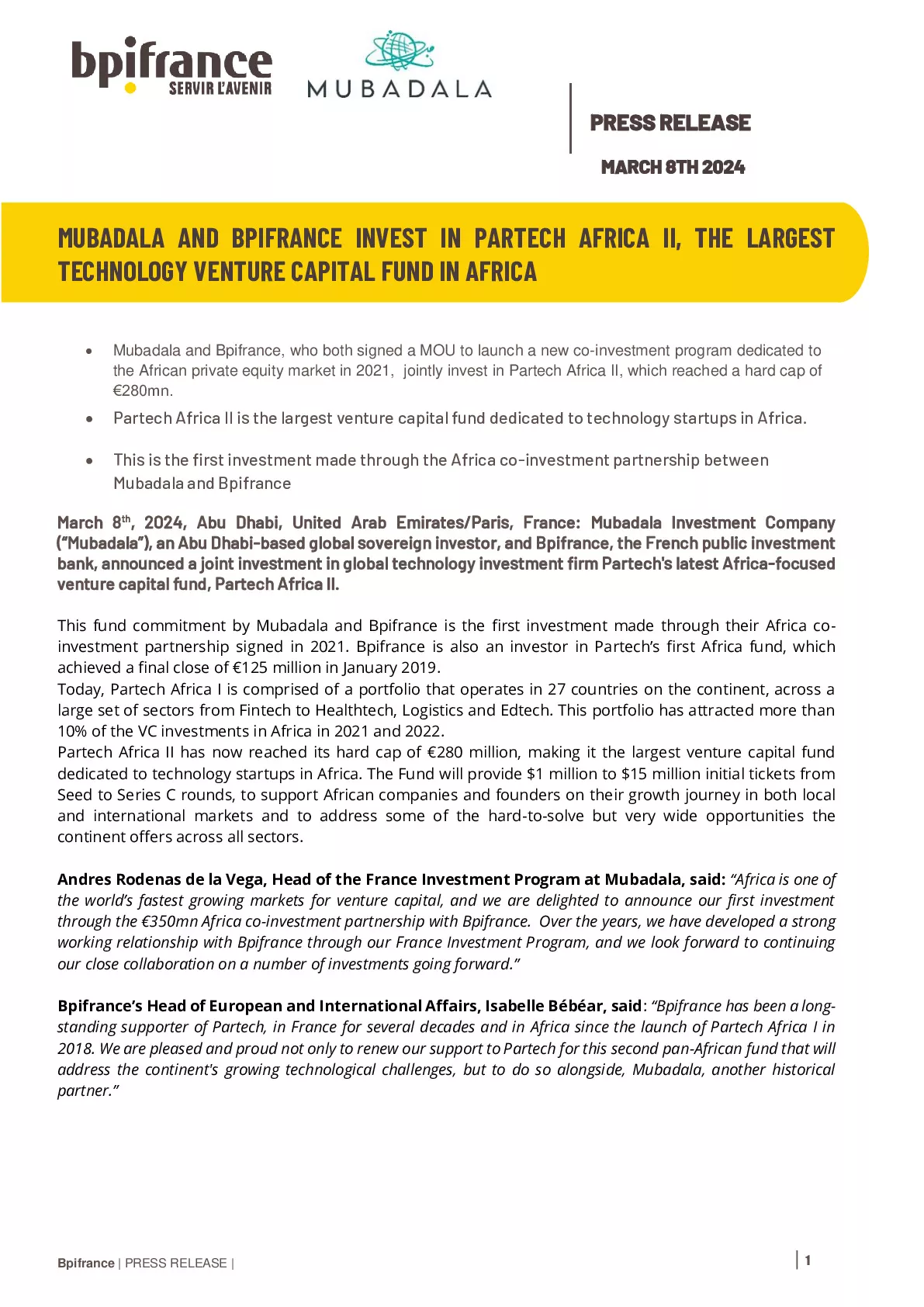 2024 03 08 – Press release Bpifrance – Mubadala and Bpifrance invest in Partech Africa II, the largest technllogy venture capital fund in Africa-pdf