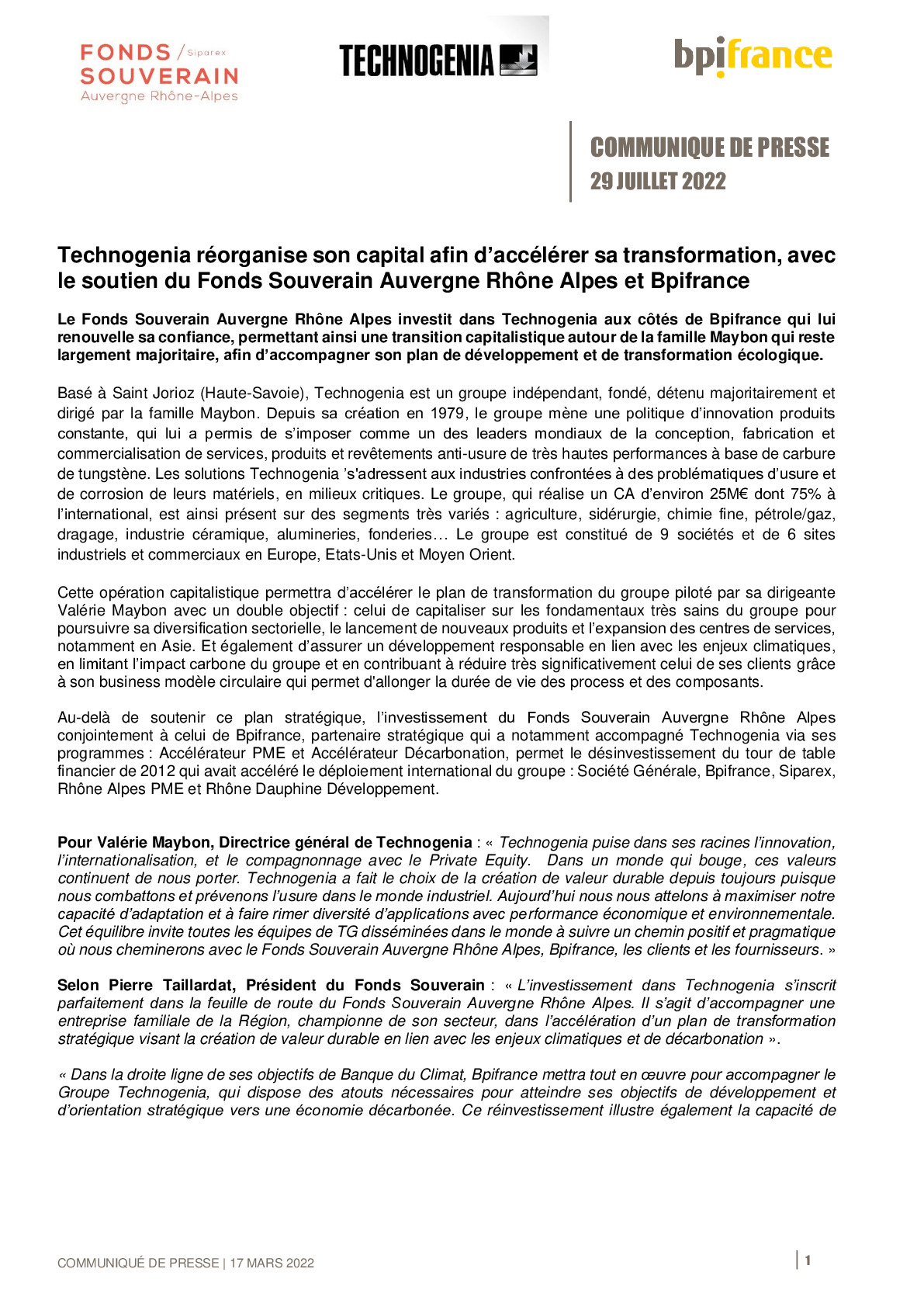 2022 07 29 – CP Technogenia reorganise son capital afin daccelerer sa transformation avec le soutien du Fonds Souverain Auvergne Rhone Alpes et Bpifrance-pdf