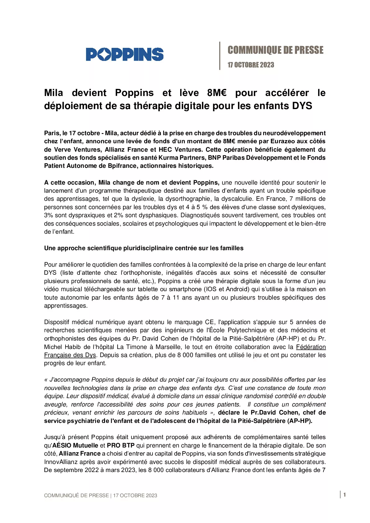 2023 10 17 – CP Bpifrance – Mila devient Poppins et lève 8M€ pour accélérer le déploiement de sa thérapie digitale pour les enfants DYS-pdf