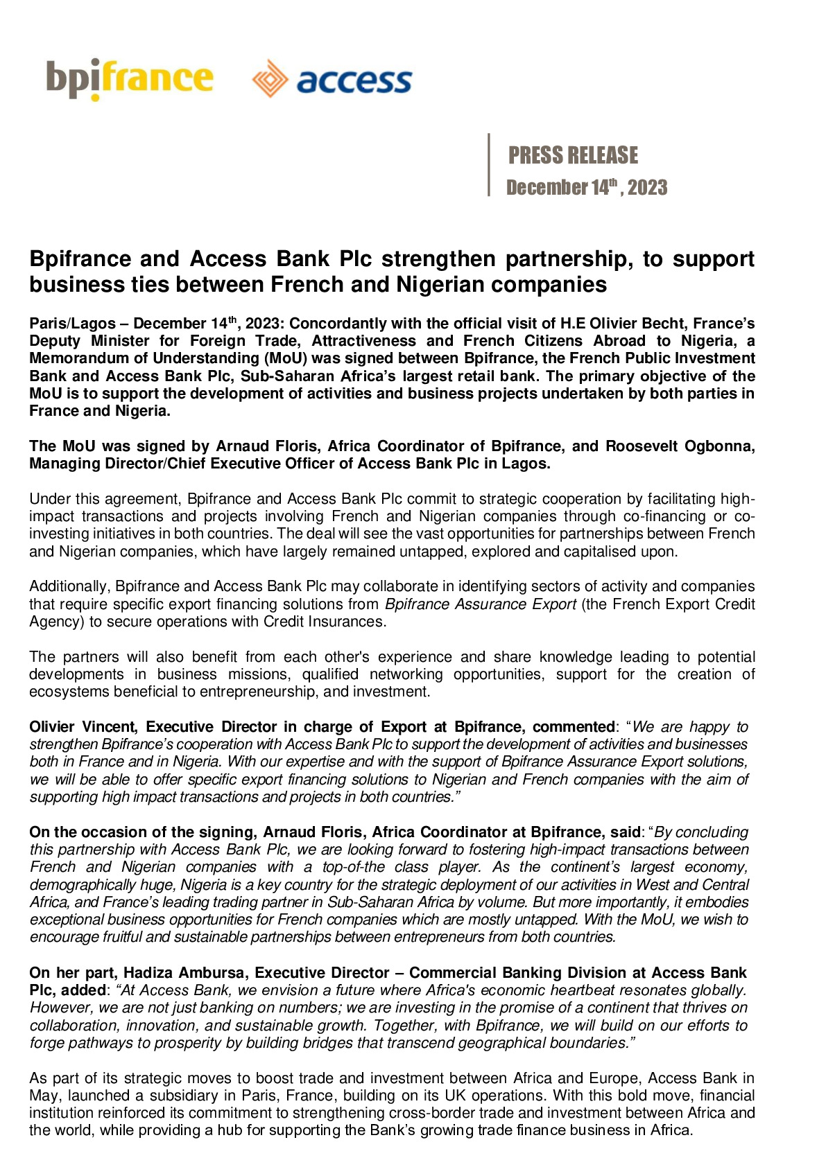 2023 12 14 – Press Release – Bpifrance and Access Bank Plc strenghen patnership to support business ties between French and Nigerian companies-pdf