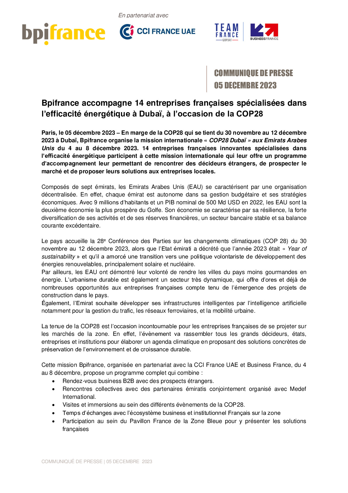 2023 11 05 – CP Bpifrance – Bpifrance accompagne 14 entreprises françaises spécialisée dans l’efficacité énergétique à Dubaï, à l’occasion de la COP28 vdef2-pdf