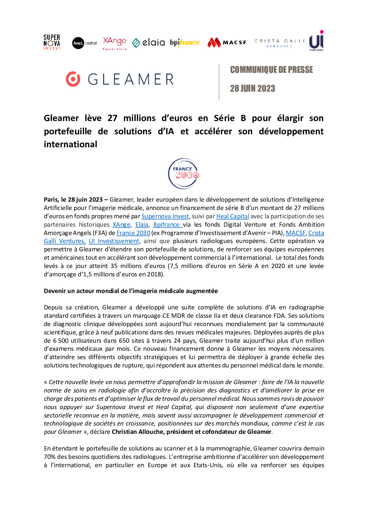 2023 06 28 – CP Gleamer lève 27 millions d’euros en Série B pour élargir son portefeuille de solutions d’IA et accélérer son développement international-pdf