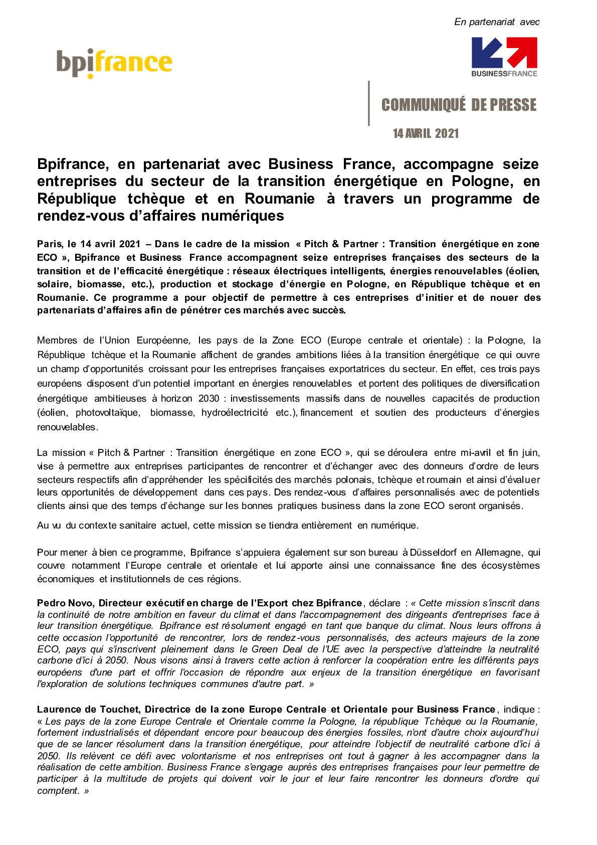 2021 04 14 – CP Bpifrance en partenariat avec Business France accompagne seize entreprises du secteur de la transition energetique en Zone ECO 2-pdf