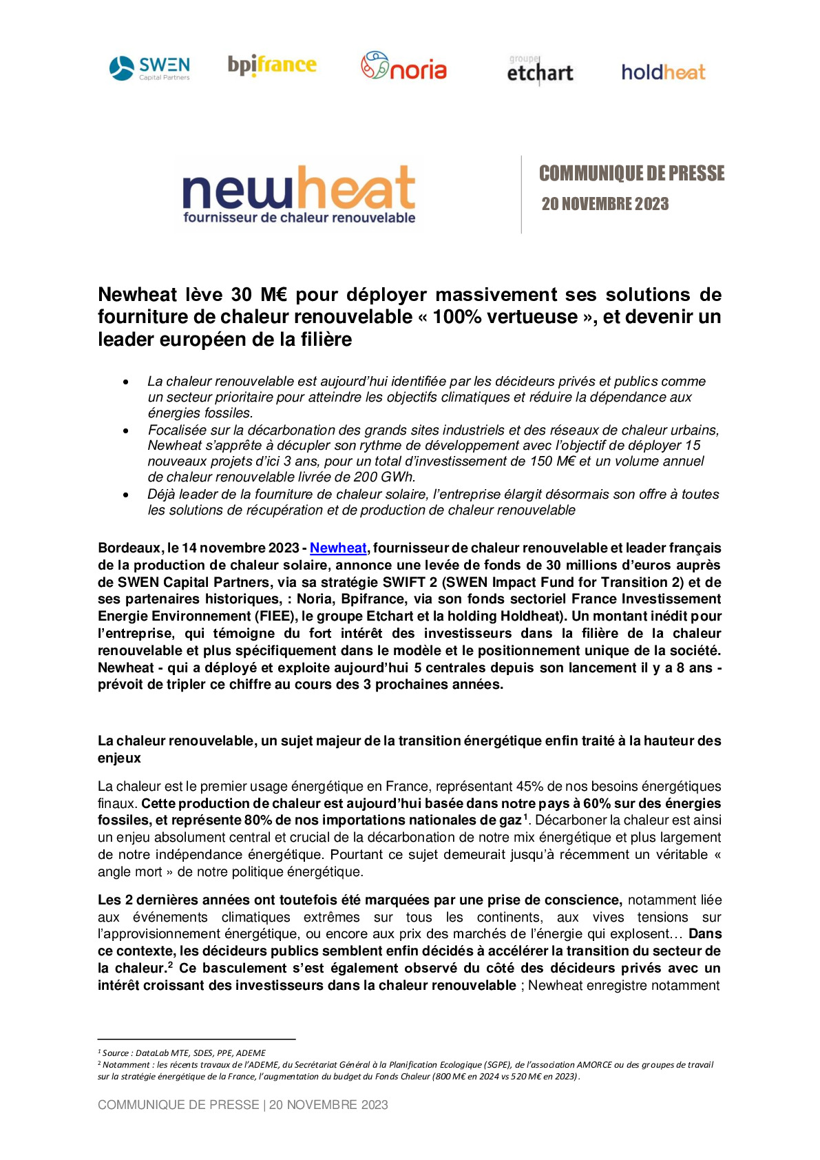 2023 11 20 – Newheat lève 30 M€ pour déployer massivement ses solutions de fourniture de chaleur renouvelable « 100% vertueuse », et devenir un leader européen de la filière-pdf