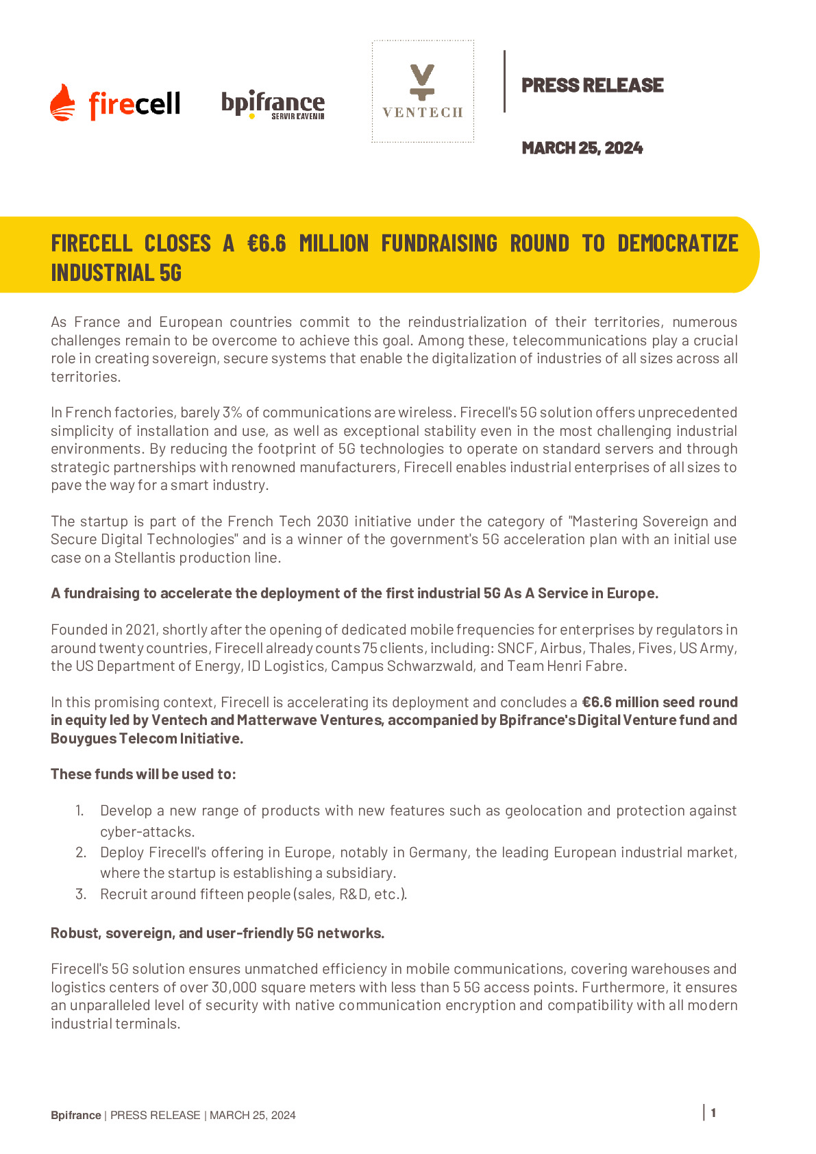 2024 03 25 – PR FIRECELL CLOSES A €6.6 MILLION FUNDRAISING ROUND TO DEMOCRATIZE INDUSTRIAL 5G-pdf