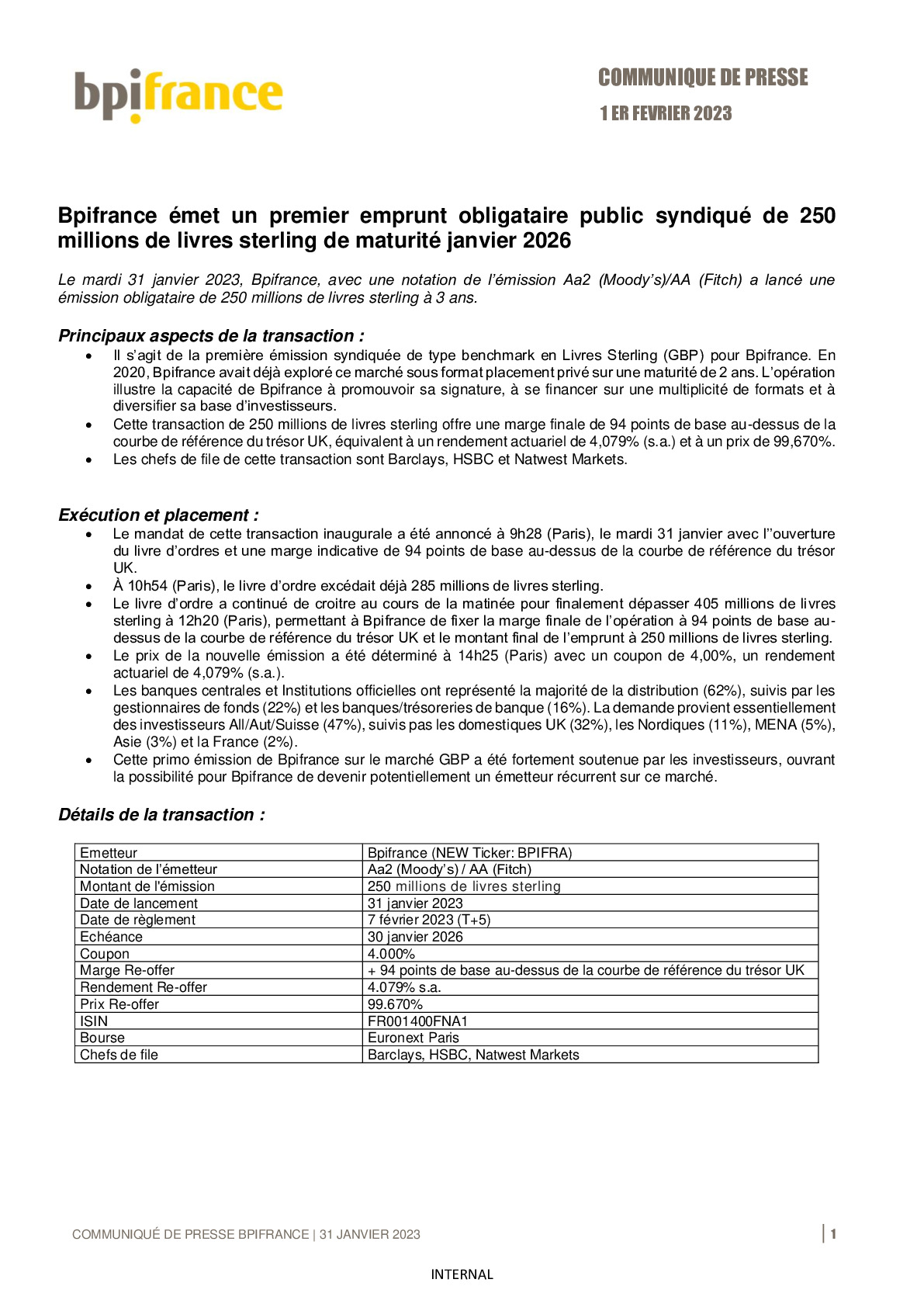 2023 02 01 – CP – Bpifrance émet un premier emprunt obligataire public syndiqué de 250 millions de livres sterling de maturité janvier 2026-pdf