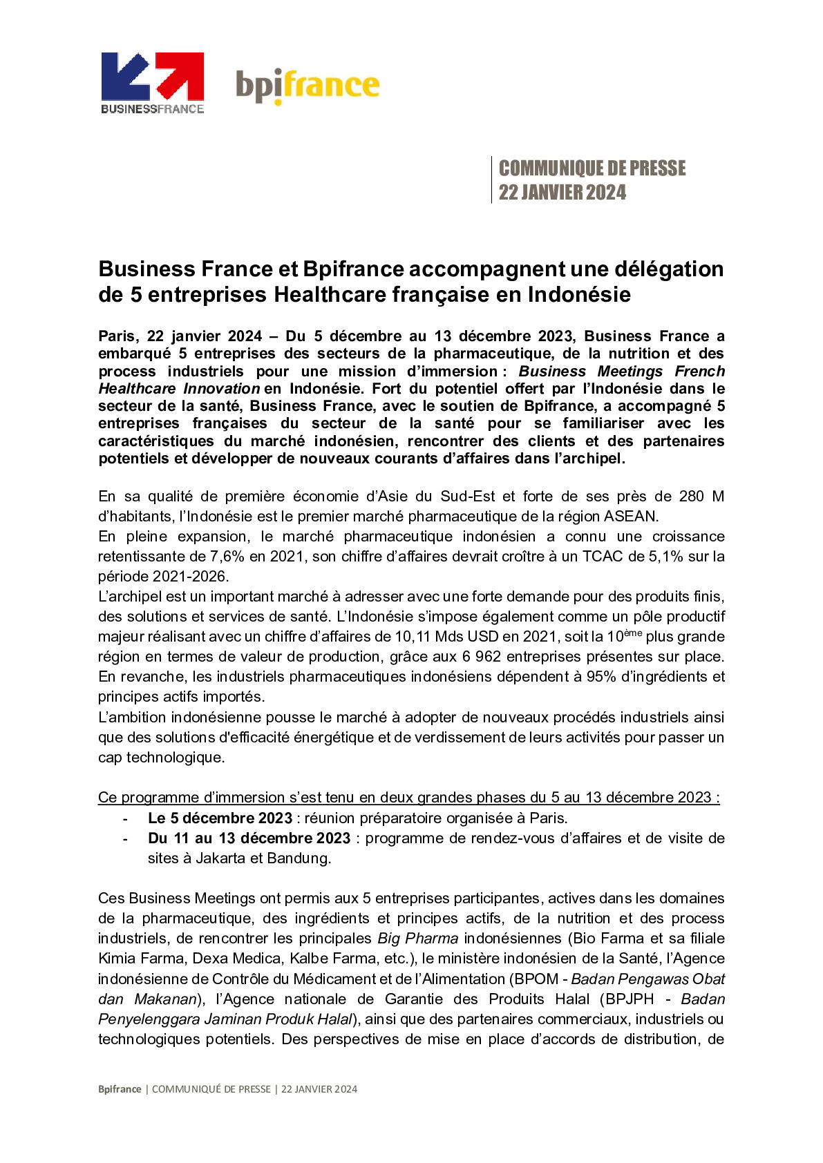 2024 01 22 – CP Bpifrance – Business France, et Bpifrance accompagnent une délégation de 5 entreprises Healthcare française en Indonésie-pdf