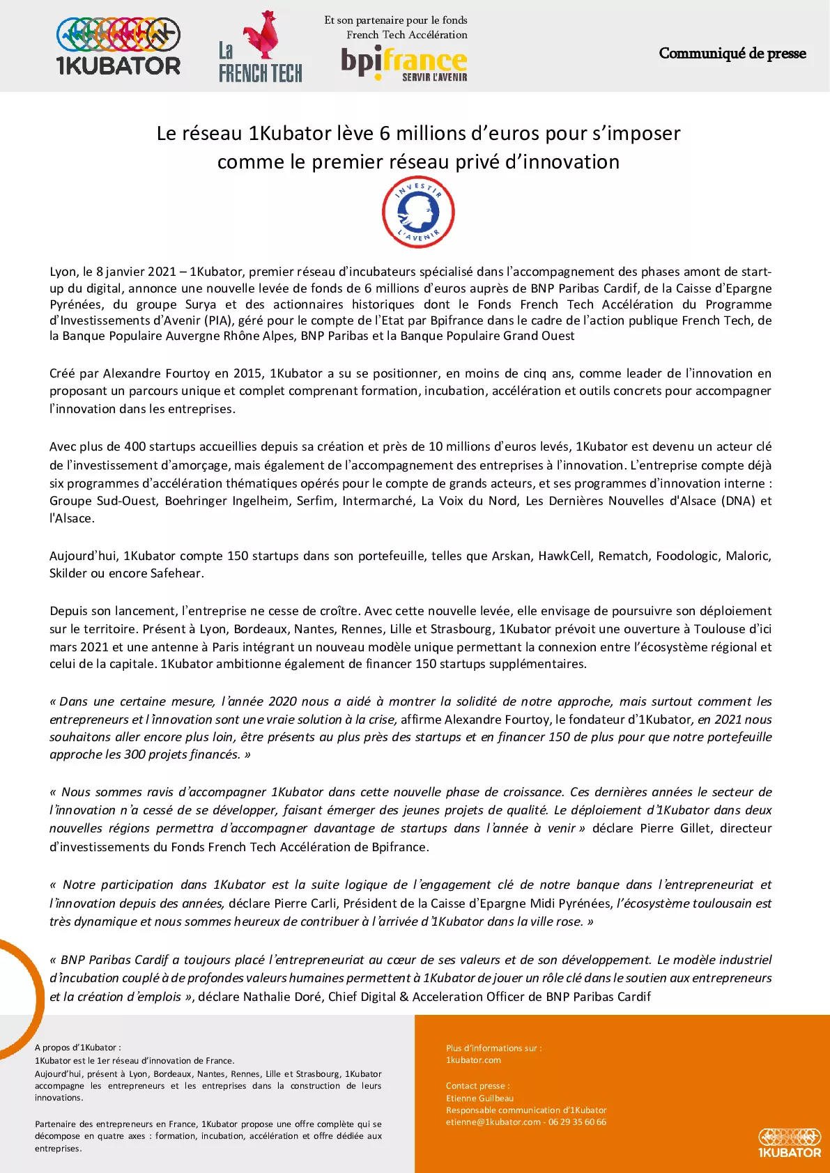 2021 01 08 – CP Bpifrance – 1Kubator leve 6 millions deuros -pdf