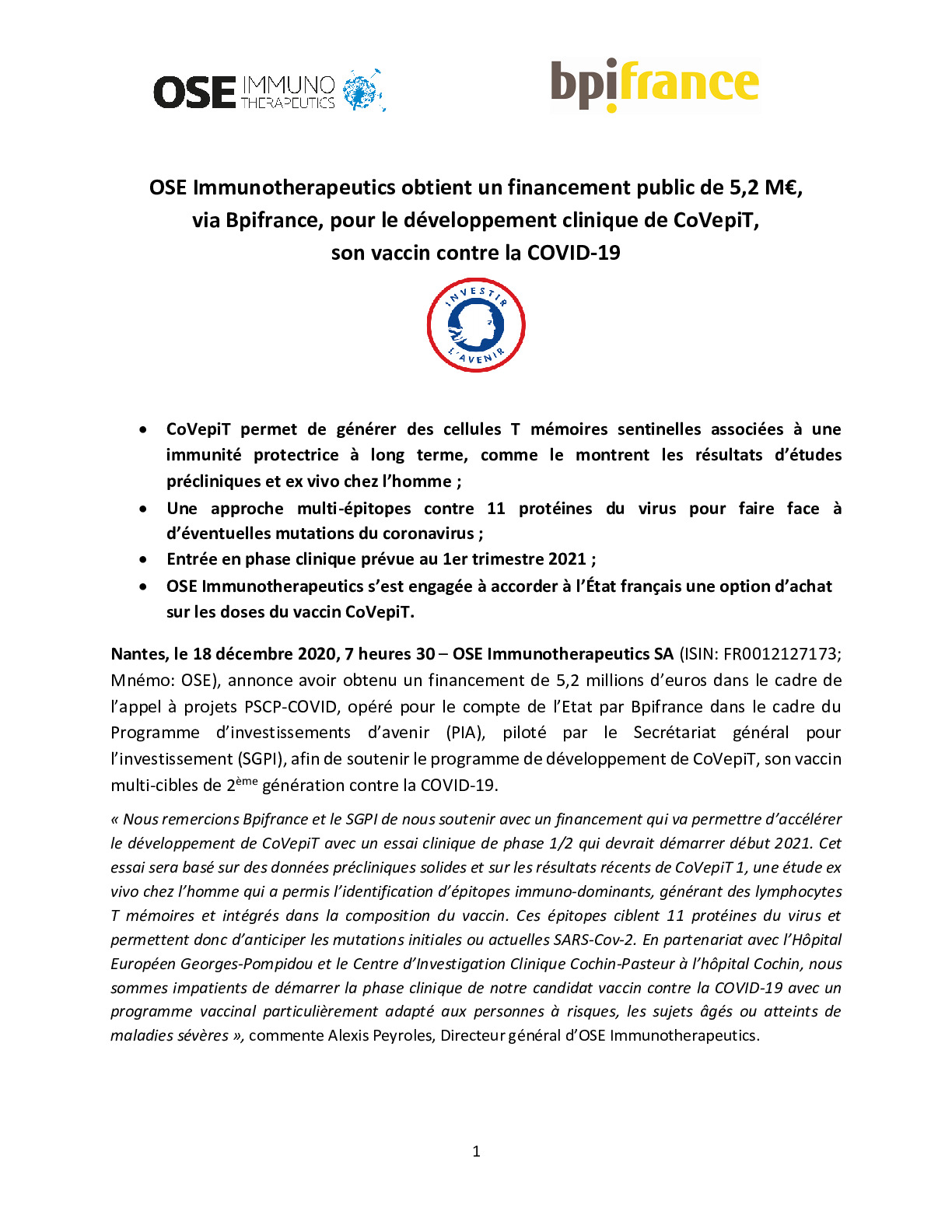2020 12 18 – CP – OSE Immunotherapeutics obtient un financement public de 52 M via Bpifrance-pdf