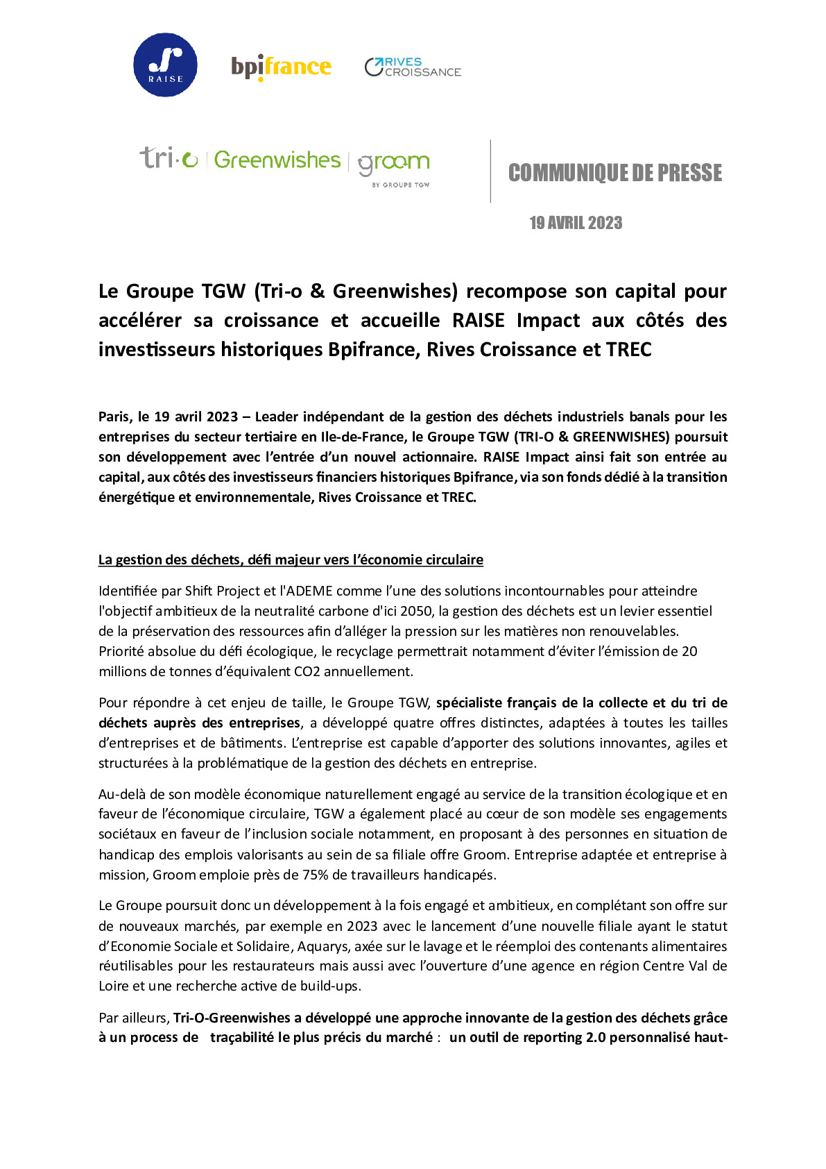 2023 04 19 – Le Groupe TGW recompose son capital pour accélérer sa croissance et accueille RAISE Impact aux côtés des investisseurs historiques Bpifrance, Rives Croissance et TREC-pdf