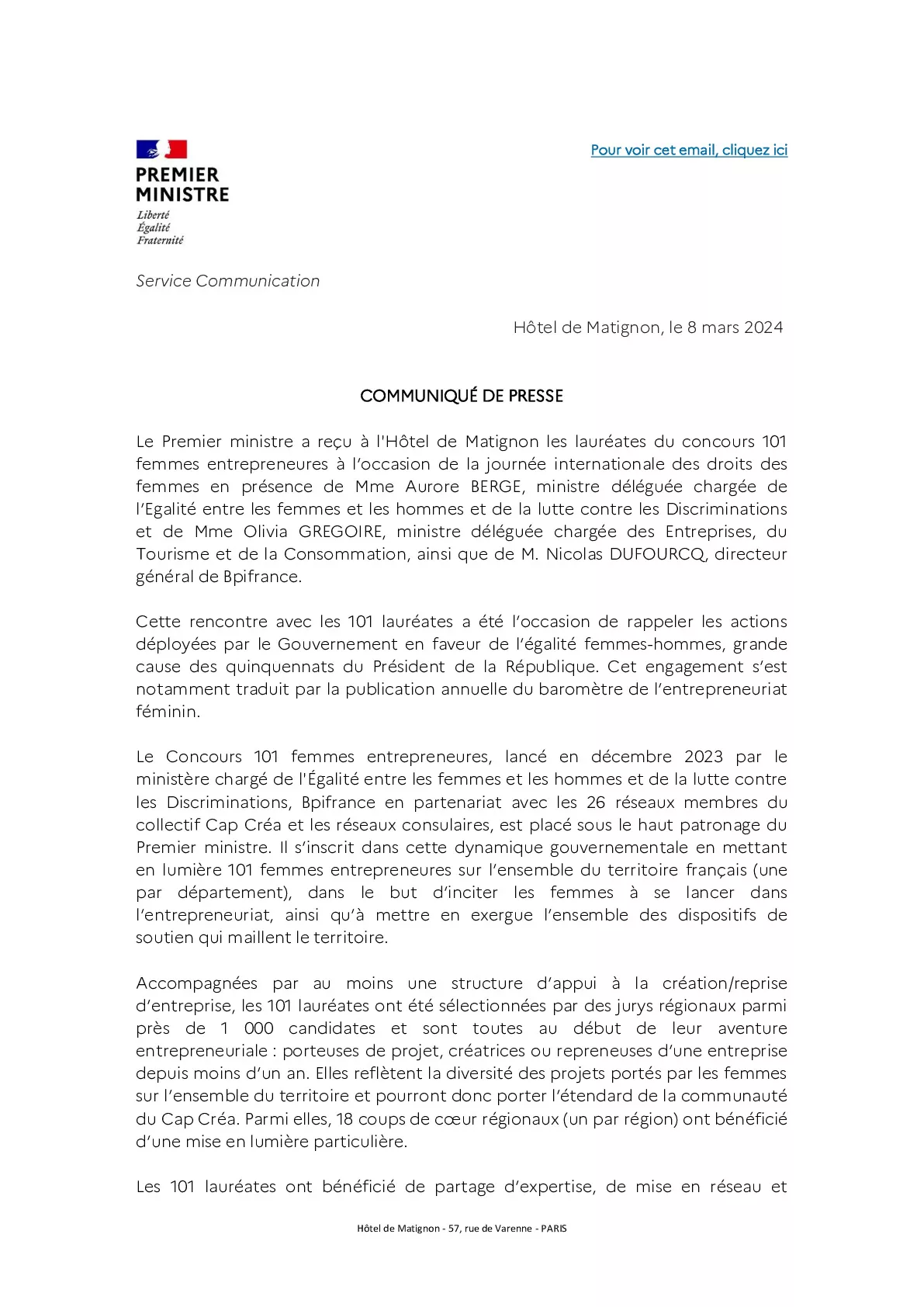 2024 03 08 – Communiqué de presse  – Le Premier ministre reçoit les lauréates du concours 101 femmes entrepreneures, co-organisé par Bpifrance, à l’occasion de la journée internationale des droits des femmes-pdf