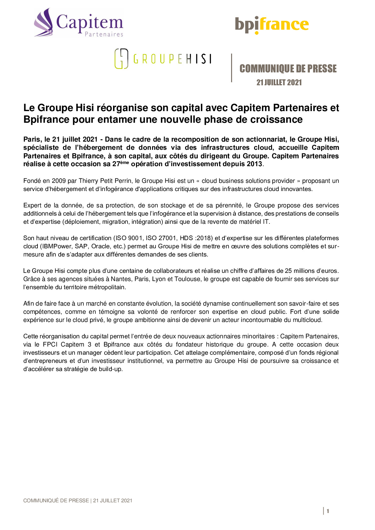 2021 07 21 – CP – Le Groupe Hisi reorganise son capital avec Capitem Partenaires et Bpifrance pour entamer une nouvelle phase de croissance-pdf