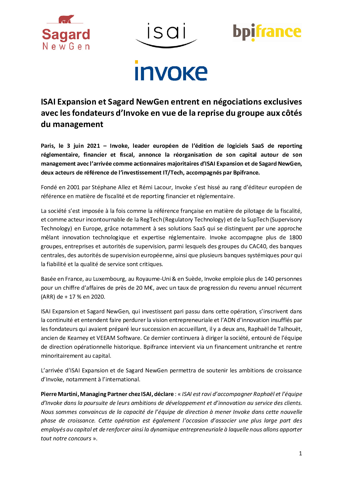 2021 06 03 – ISAI Expansion et Sagard NewGen entrent en negociations exclusives avec les fondateurs dInvoke en vue de la reprise du groupe aux cotes du management-pdf