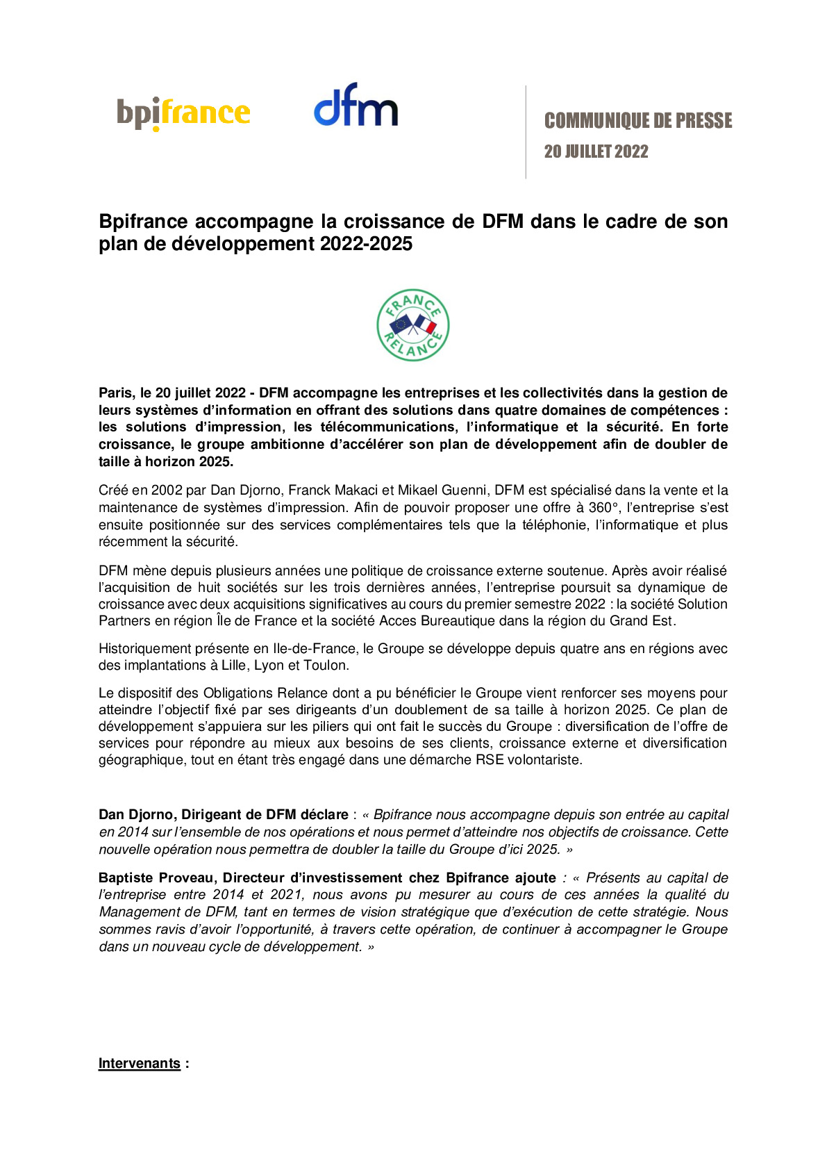 2022 07 20 – Bpifrance accompagne la croissance de DFM dans le cadre de son plan dinvestissement 2022-2025-pdf