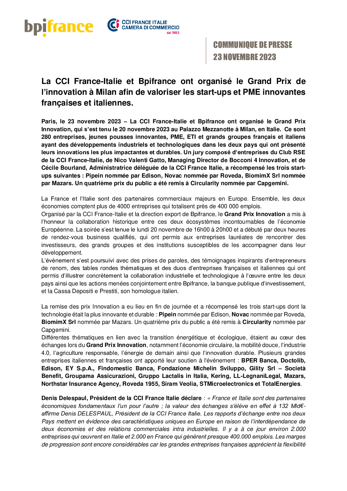 2023 11 22 – CP Bpifrance – La CCI France-Italie et Bpifrance ont organisé un Grand Prix de Innovation VDEF-pdf
