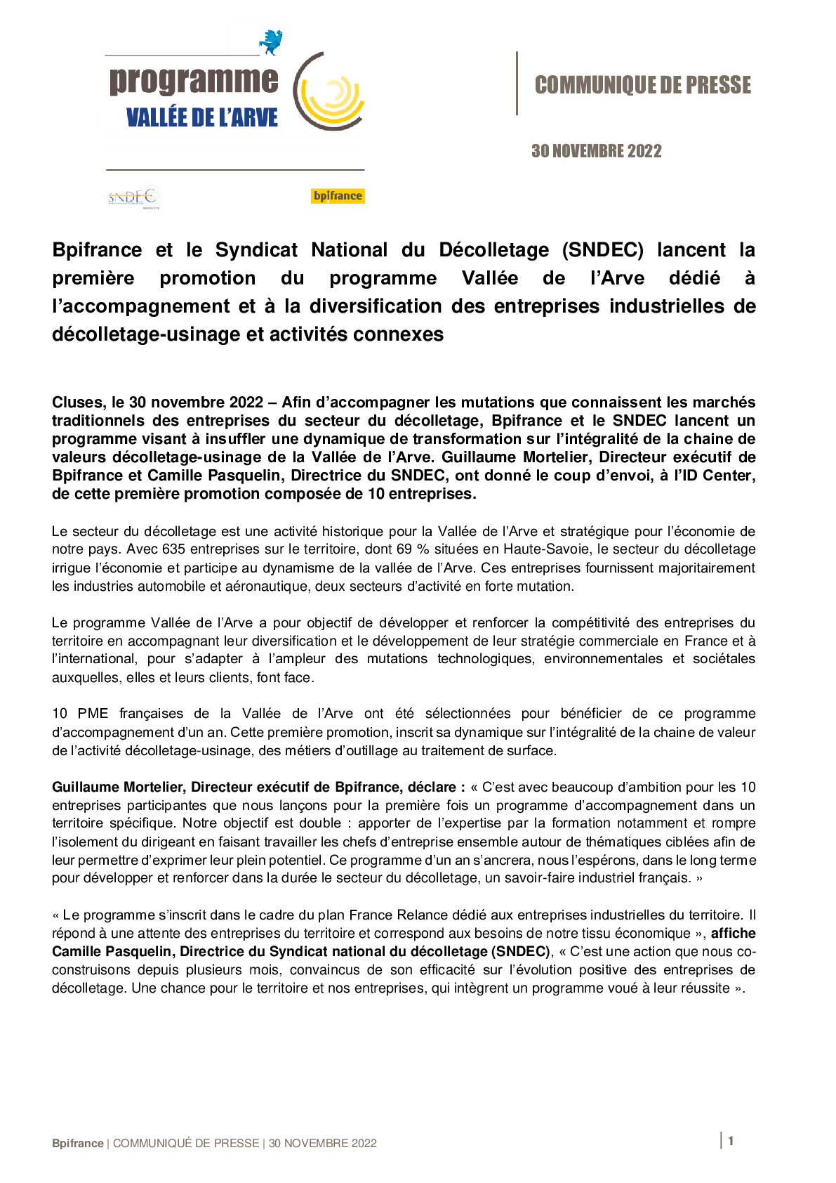 2022 11 30 CP Bpifrance et le Syndicat National du Décolletage SNDEC lancent la première promotion du programme Vallée de l’Arve.pdf