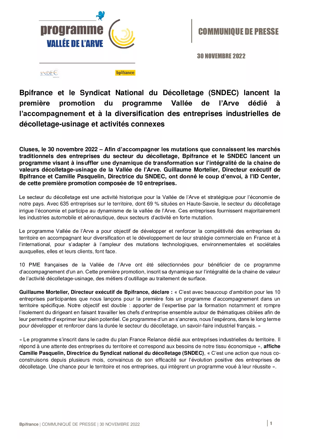 2022 11 30 CP Bpifrance et le Syndicat National du Décolletage SNDEC lancent la première promotion du programme Vallée de l’Arve.pdf