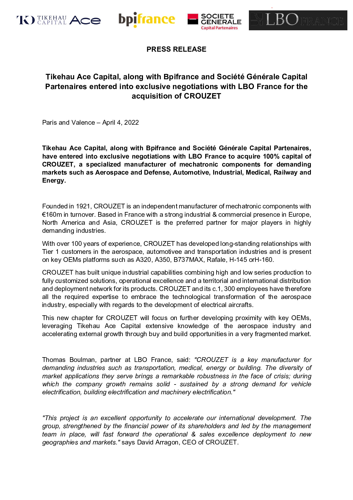2022 04 01 – PR – Tikehau Ace Capital along with Bpifrance and Societe Generale Capital Partenaires entered into exclusive negotiations with LBO France for the acquisition of CROUZET-pdf