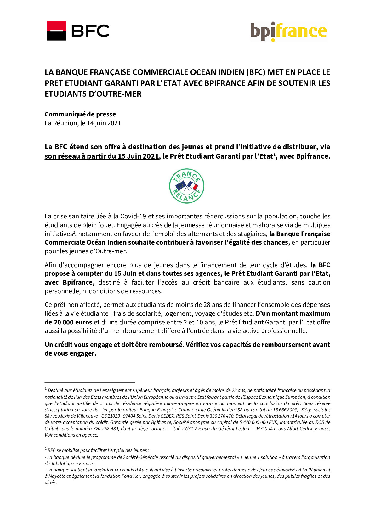 2021 06 14 – CP – BFC met en place le place le Pret Etudiant garanti par lEtat avec Bpifrance-pdf