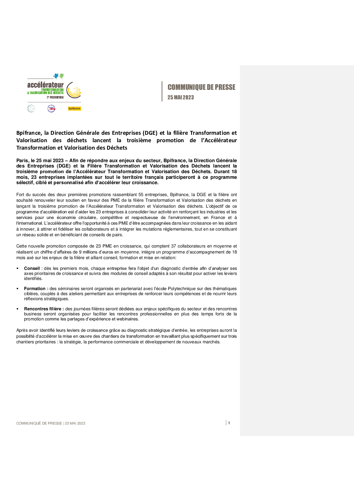 2023 25 05 – Bpifrance, la Direction Générale des Entreprises (DGE) et la filière Transformation et Valorisation des déchets lancent la troisième promo-pdf