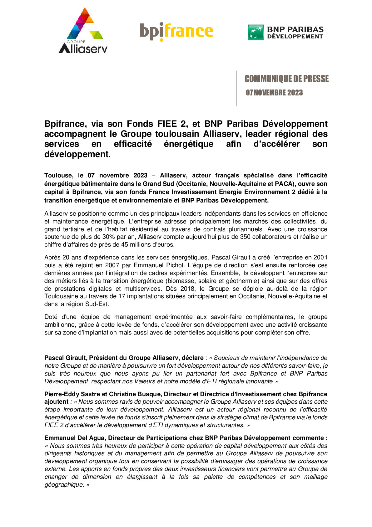 2023 11 07 – Bpifrance et BNP Paribas Développement accompagnent le Groupe toulousain Alliaserv afin d’accélérer son développement-pdf