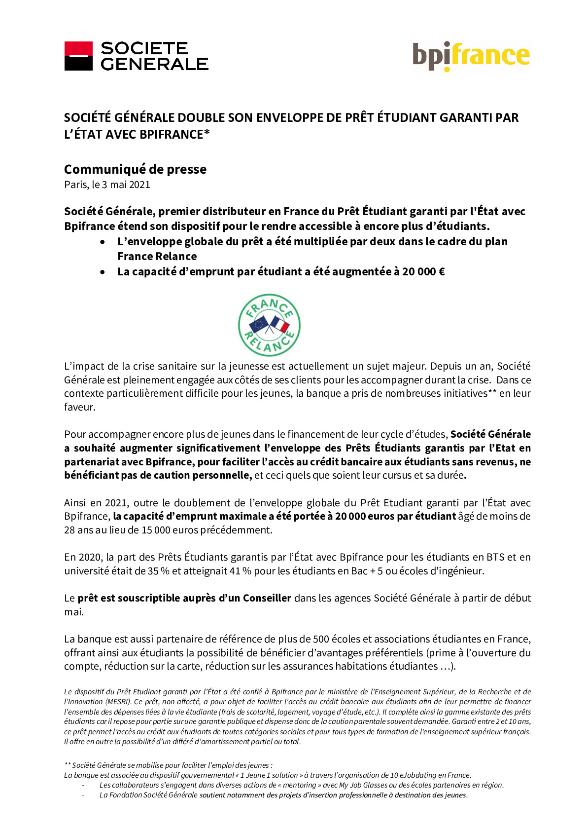 2021-05-03 CP Societe Generale reconduit son offre de pret etudiant garanti par lEtat avec Bpifrance-pdf