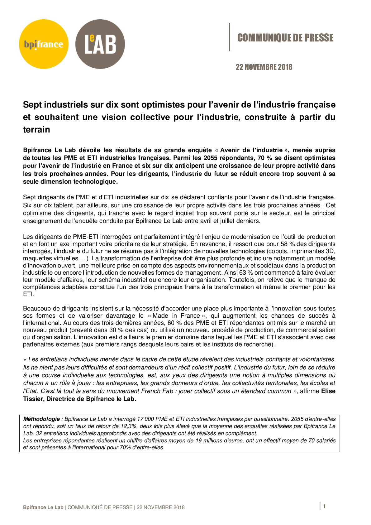 2018 11 22 – CP Bpifrance Le Lab – Avenir de lIndustrie francaise-pdf