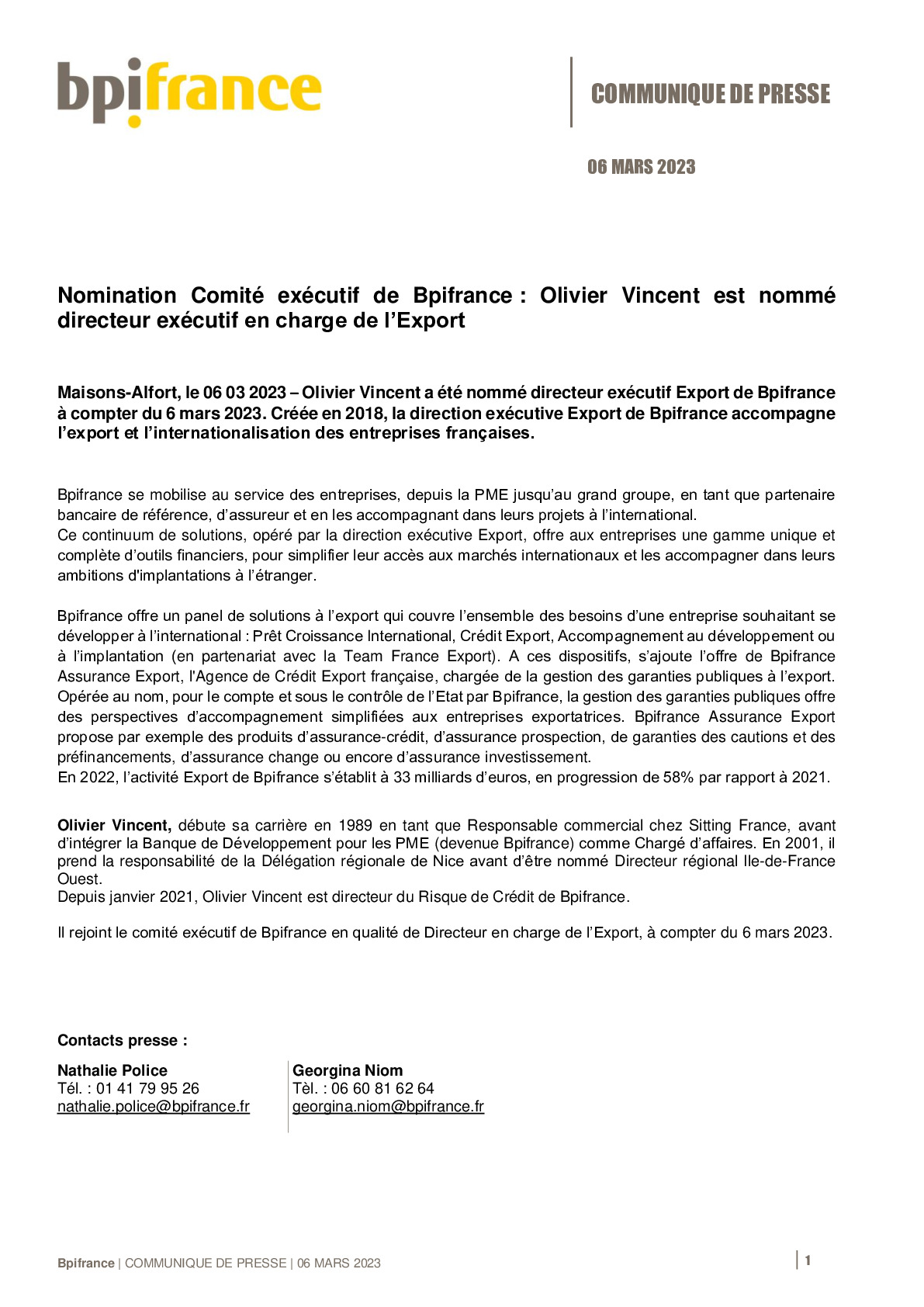 2023 03 06  – CP Bpifrance – Nomination Comité exécutif de Bpifrance – Olivier Vincent est nommé directeur exécutif en charge de l’Export-pdf