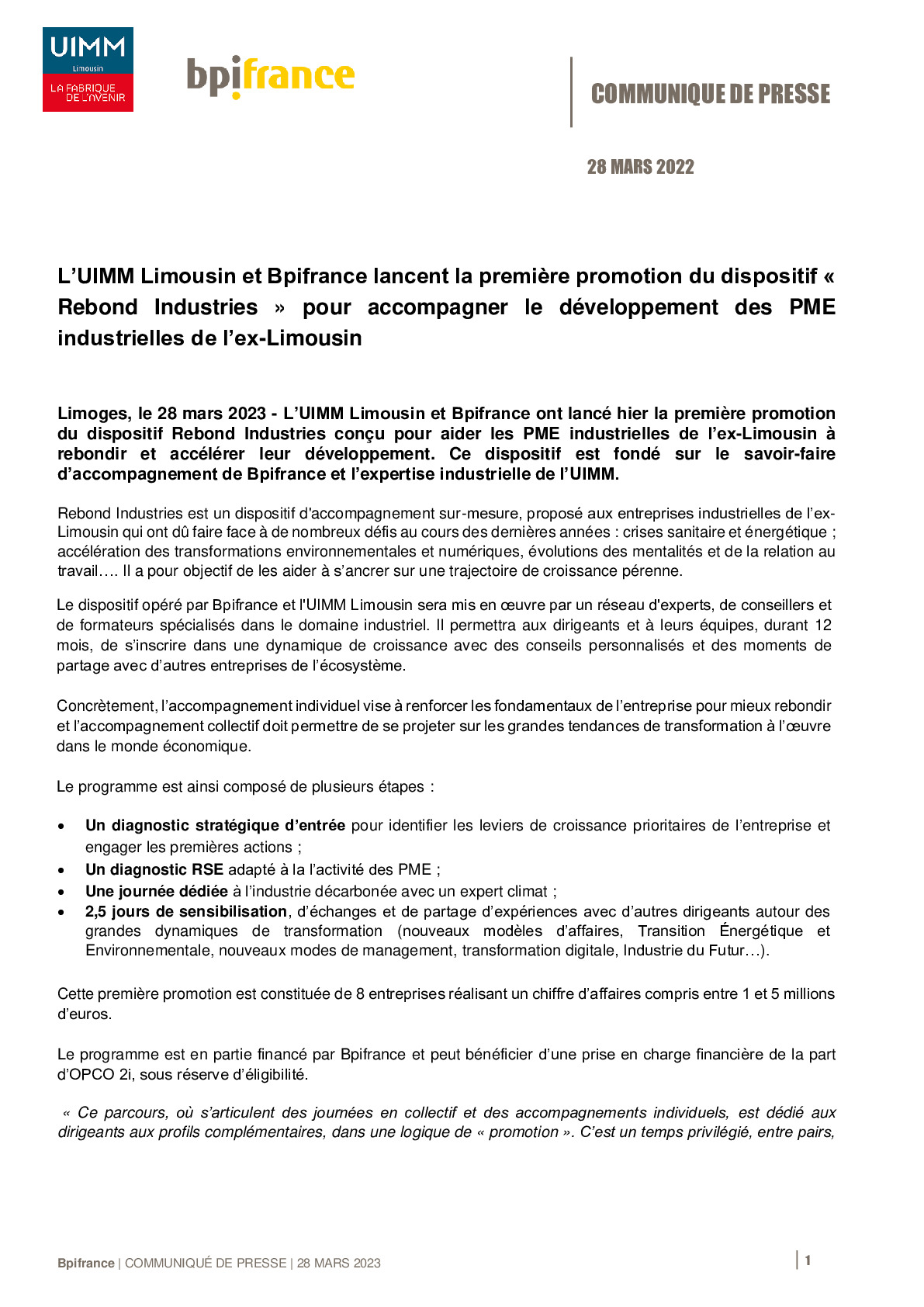 2023 03 28 CP – L’UIMM Limousin et Bpifrance lancent la première promotion du dispositif « Rebond Industries »-pdf