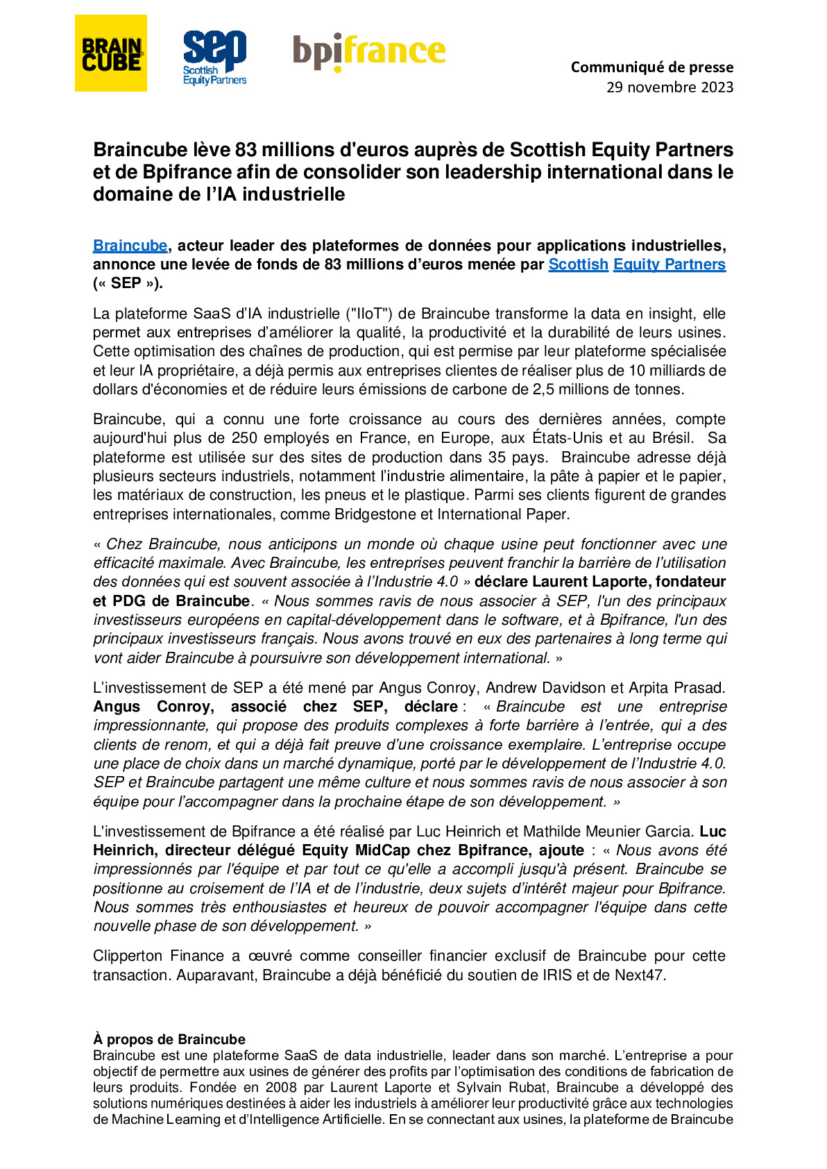 2023 11 29 – CP Braincube lève 83 millions d’euros auprès de Scottish Equity Partners et de Bpifrance -pdf