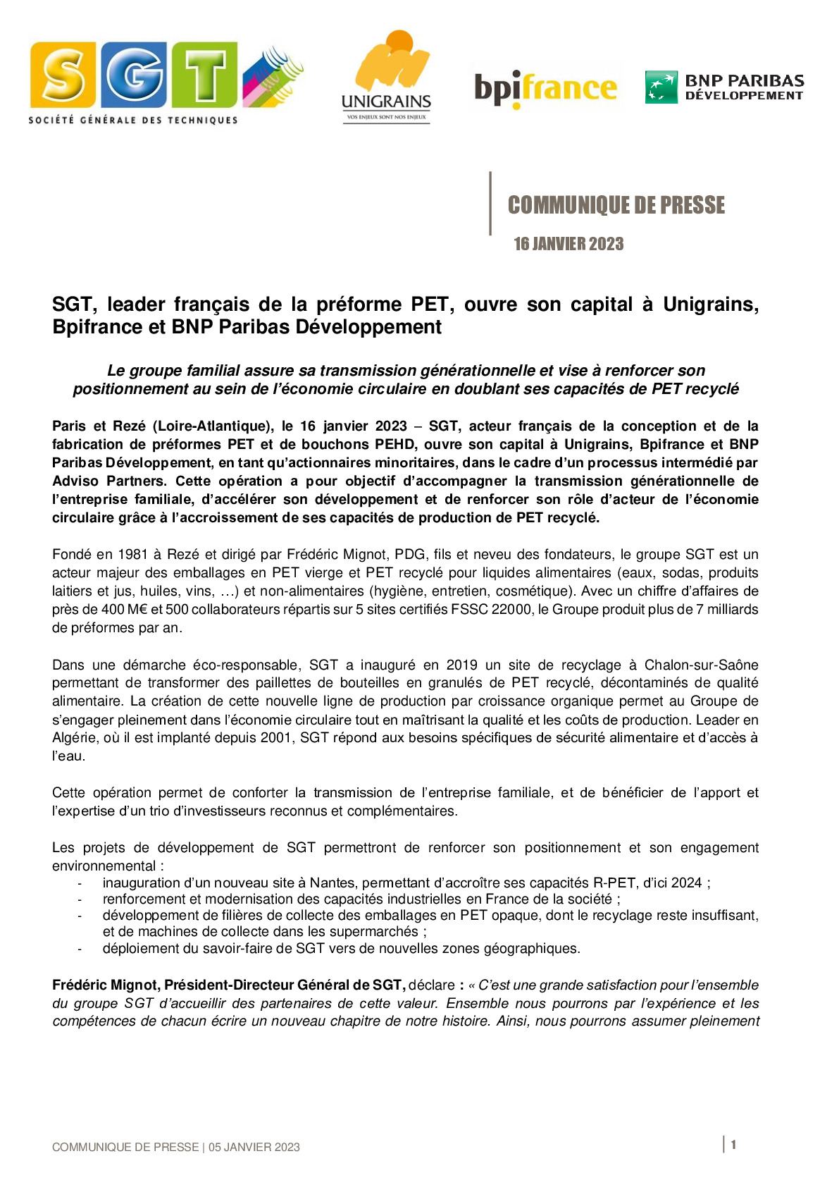 2023 01 16 – CP SGT leader français de la préforme PET ouvre son capital à Unigrains Bpifrance et BNP Paribas Développement.pdf