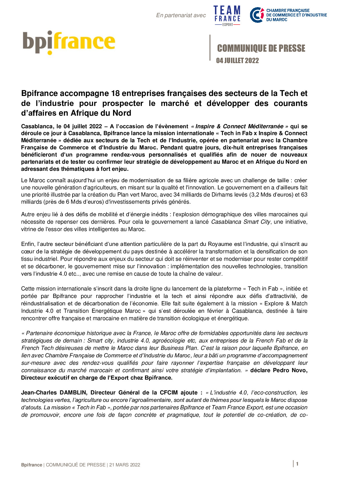 2022 07 04 – CP – Bpifrance accompagne 18 entreprises francaises des secteurs de la Tech et de lindustrie pour prospecter le marche et developper des courants daffaires en Afrique du Nord-pdf