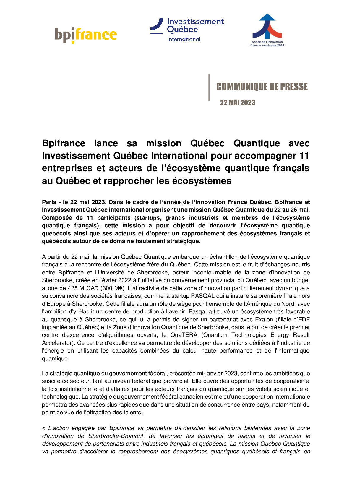 Communiqué de presse – Bpifrance lance sa mission Québec Quantique avec Investissement Québec International pour accompagner 11 entreprises-pdf