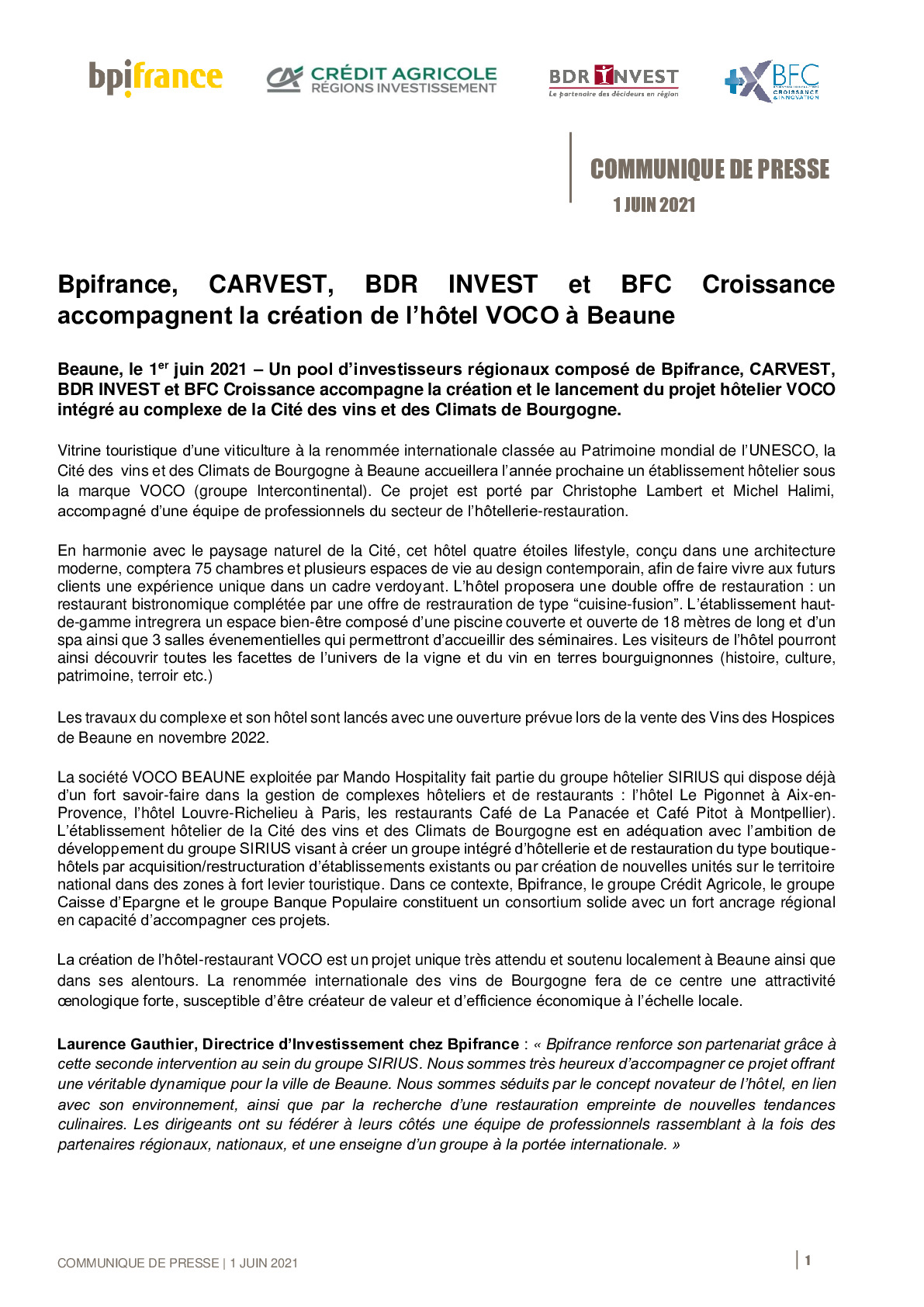 2021 06 01 – CP – Bpifrance CARVEST BDR INVEST et BFC Croissance accompagnent la creation de lhotel VOCO a Beaune-pdf