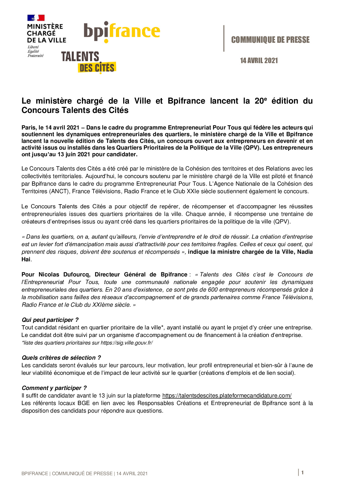 2021 04 14 – CP – 20e edition Concours Talents des Cites 2021 -pdf