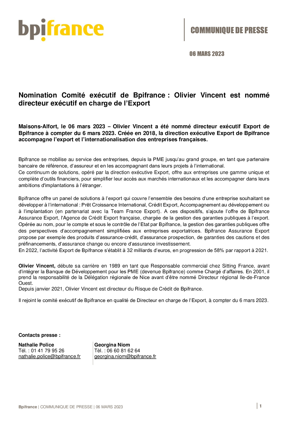 2023 03 06  – CP Bpifrance – Nomination Comité exécutif de Bpifrance – Olivier Vincent est nommé directeur exécutif en charge de l’Export-pdf