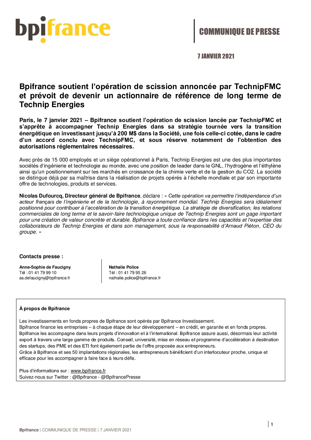 2021 01 07 – CP – Bpifrance soutient loperation de scission annoncee par TechnipFMC et prevoit de devenir un actionnaire de reference de long terme de Technip Energies-pdf