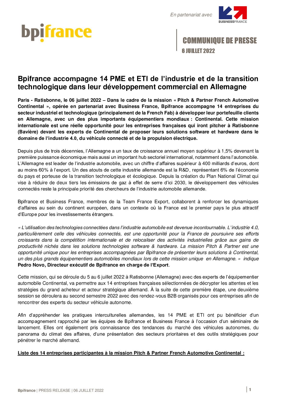2022 07 05 – CP Bpifrance accompagne 14 PME et ETI de lindustrie et de la transition technologique dans leur developpement commercial en Allemagne-pdf