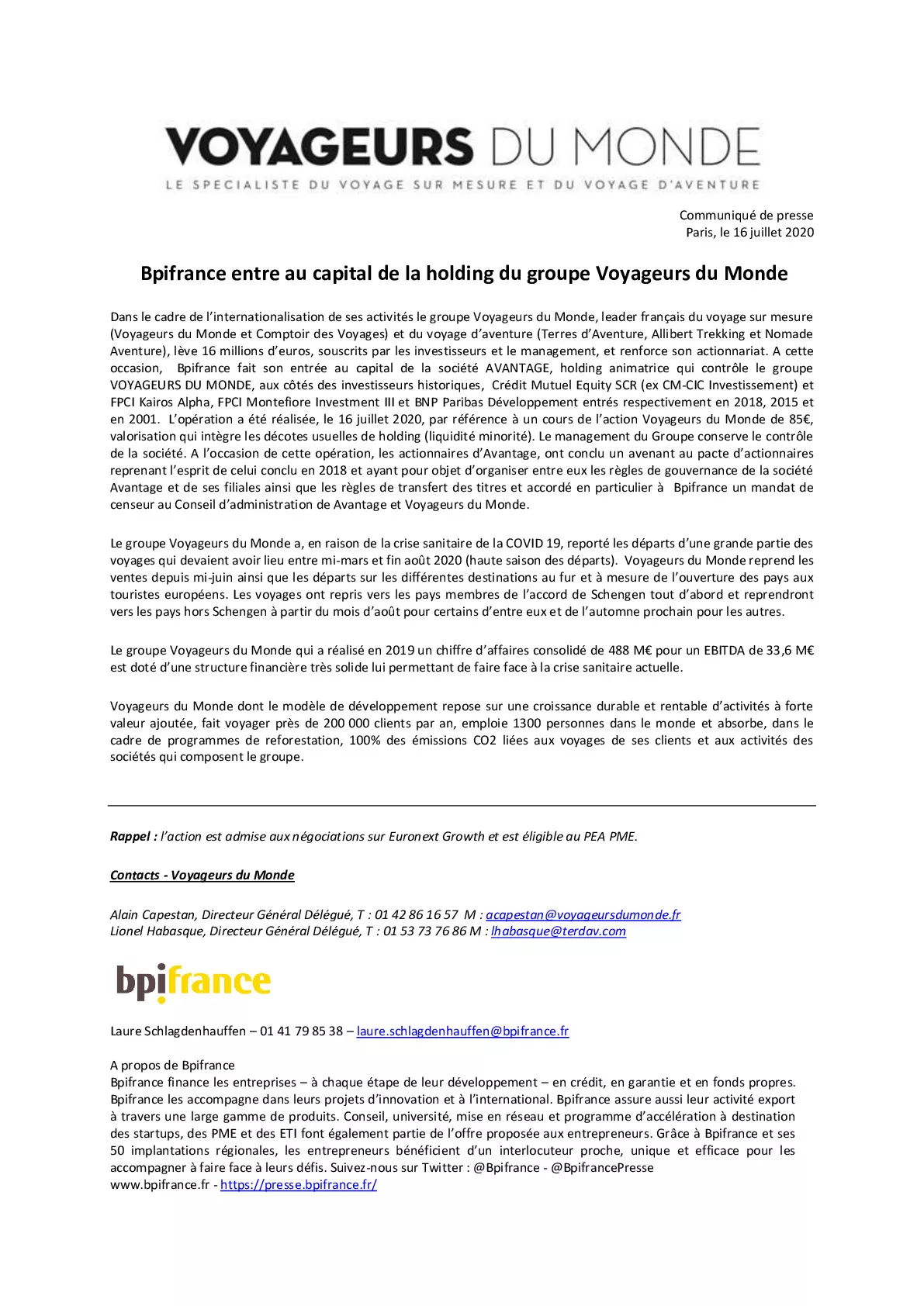 CP Entree Bpifrance au capital de la holding de Voyageurs du Monde 16-7-2020-pdf