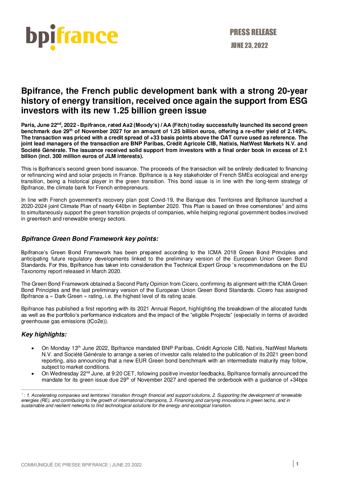 2022 06 23- PR Bpifrance the French public development bank received once again the support from ESG investors with its new 1-25 billion green issue-pdf