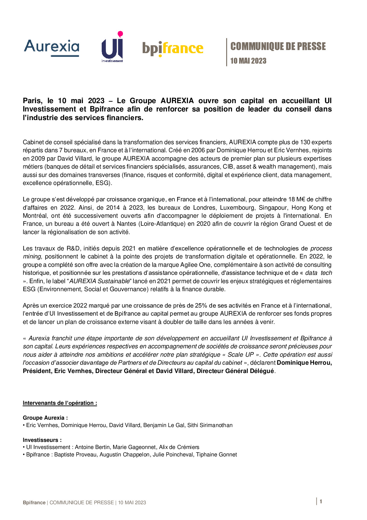 2023 05 10 – CP Bpifrance – Le Groupe AUREXIA ouvre son capital en accueillant UI Investissement et Bpifrance afin de renforcer sa position de leader du conseil dans l’industrie de-pdf