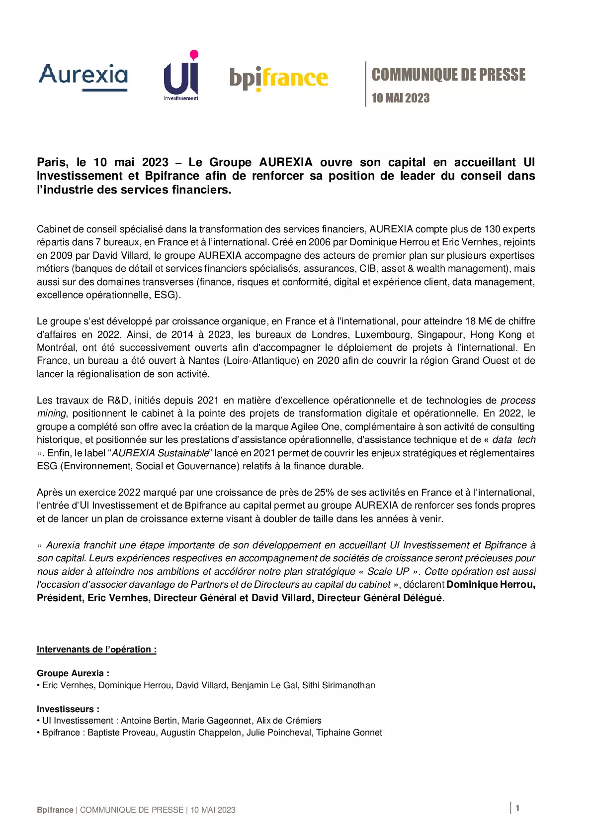2023 05 10 – CP Bpifrance – Le Groupe AUREXIA ouvre son capital en accueillant UI Investissement et Bpifrance afin de renforcer sa position de leader du conseil dans l’industrie de-pdf