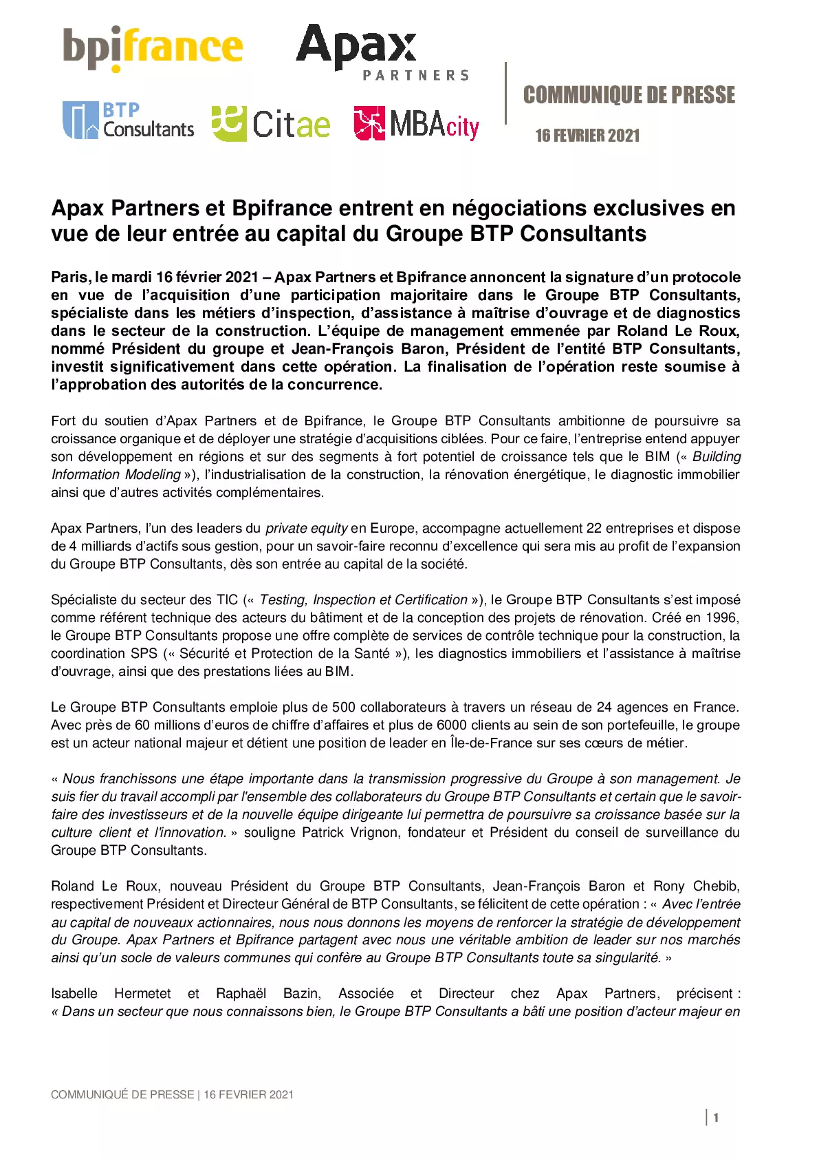 2021 02 16 – CP – Apax Partners et Bpifrance entrent en negociations exclusives en vue de leur entree au capital du Groupe BTP Consultants-pdf