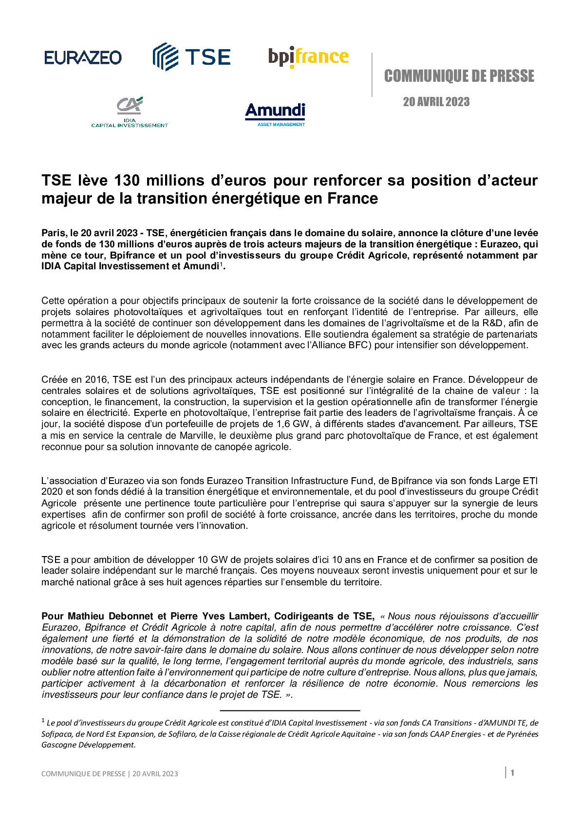 2023 04 20 – CP Bpifrance – TSE lève 130 millions d’euros pour renforcer sa position d’acteur majeur de la transition énergétique en France -pdf