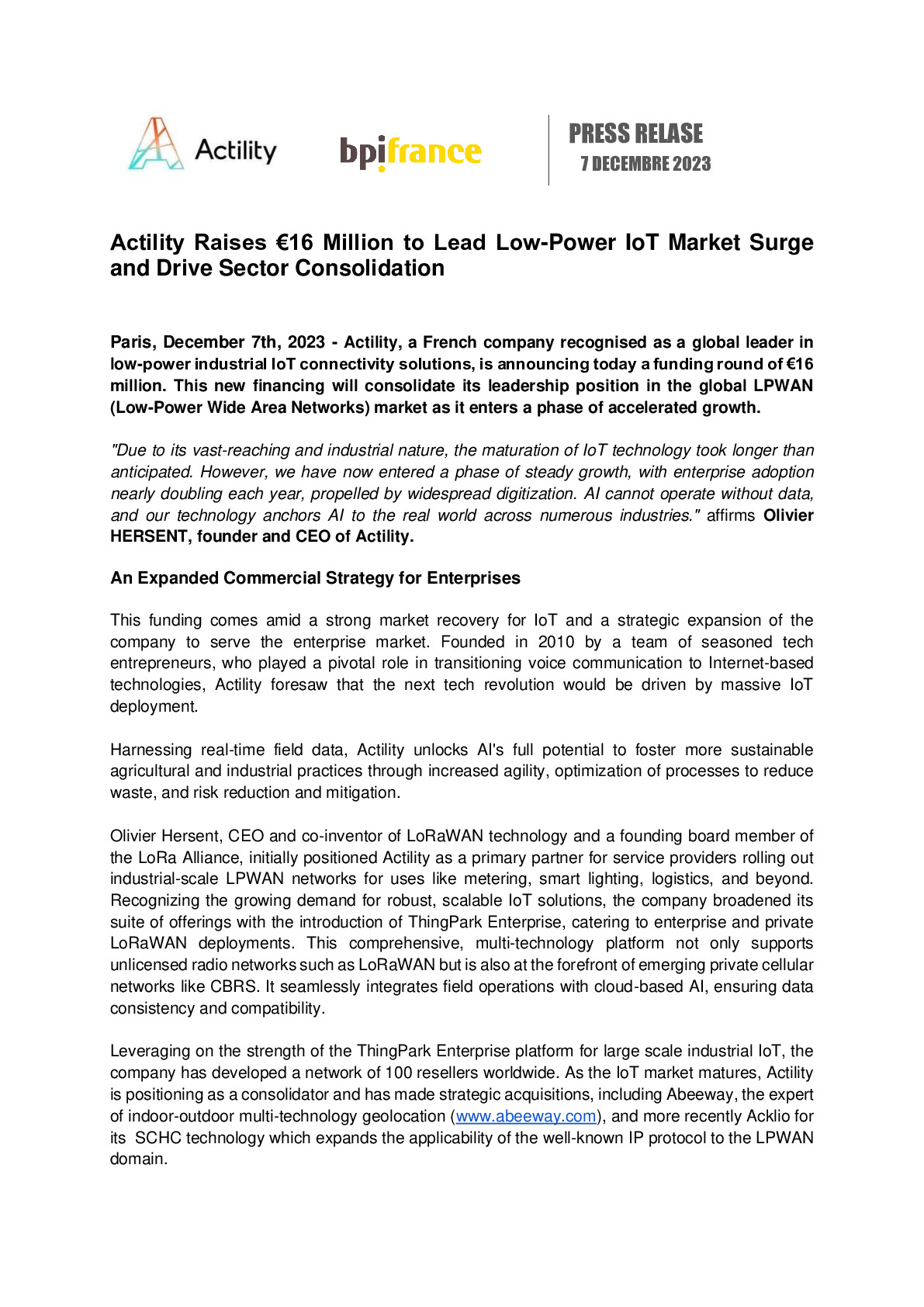 2023 12 07 – PR Actility Raises €16 Million to Lead Low-Power IoT Market Surge and Drive Sector Consolidation -pdf