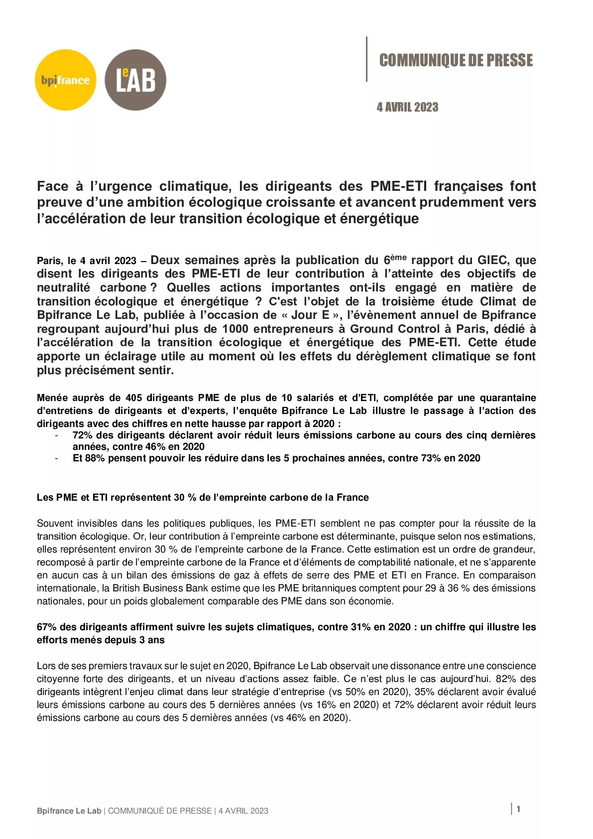 20230404 – CP Bpifrance Le Lab – Face à l’urgence climatique, les dirigeants des PME-ETI françaises font preuve d’une ambition écologique croissante-pdf
