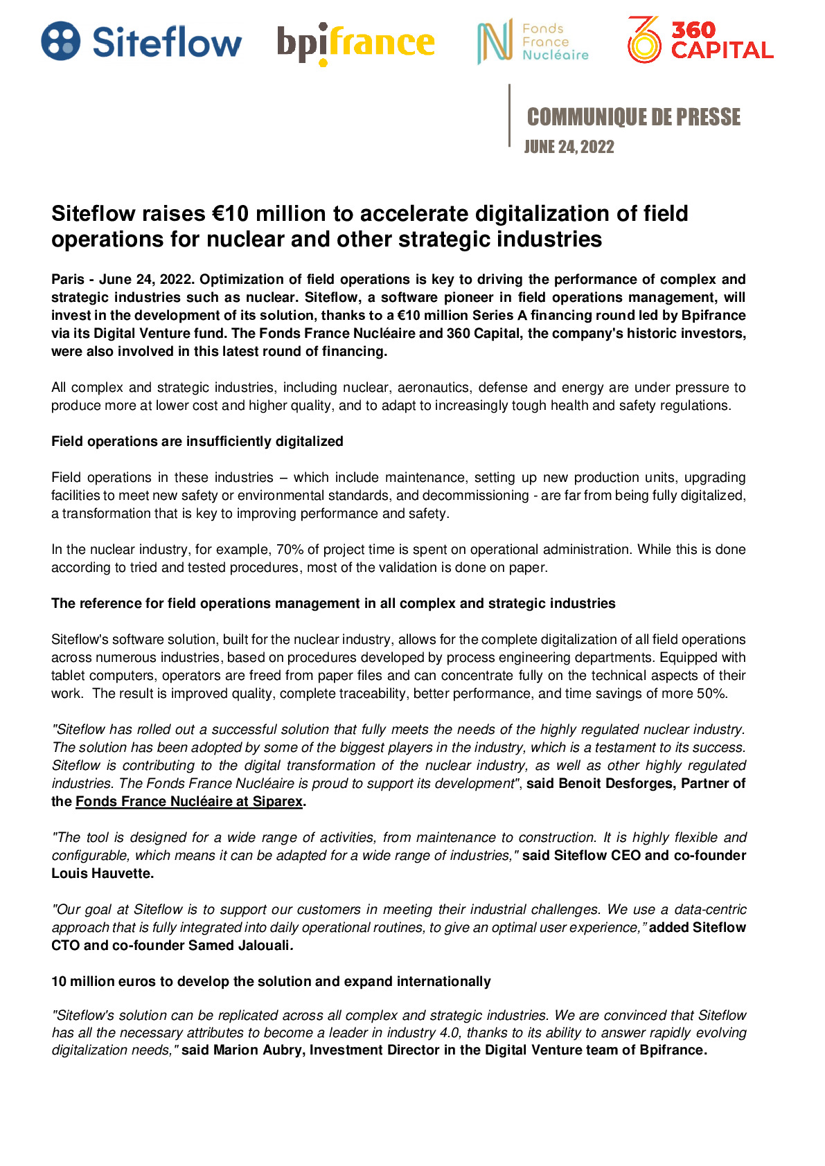 2022 06 24 – PR Bpifrance – Siteflow raises 10 million to accelerate digitalization of field operations for nuclear and other strategic industries-pdf