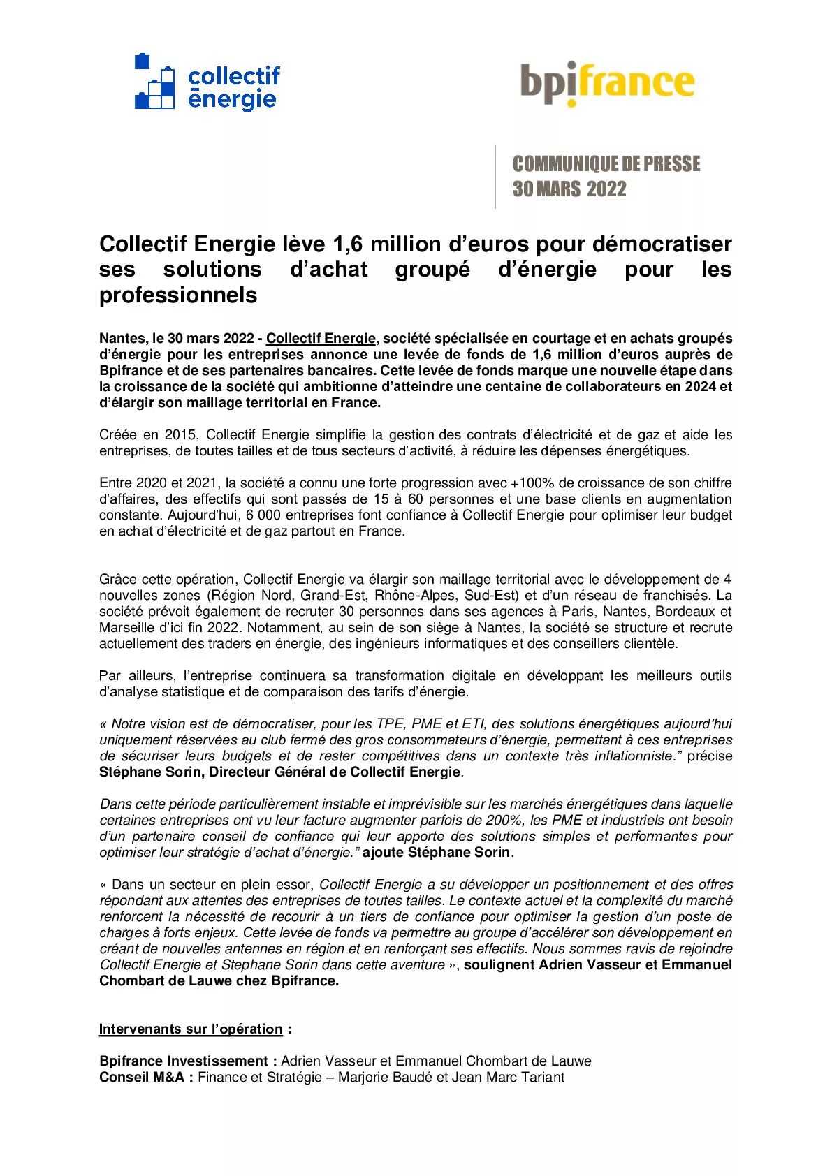 2022 03 30 – CP Bpifrance Collectif Energie leve 16 million deuros pour democratiser ses solutions dachat groupe denergie pour les professionnels-pdf