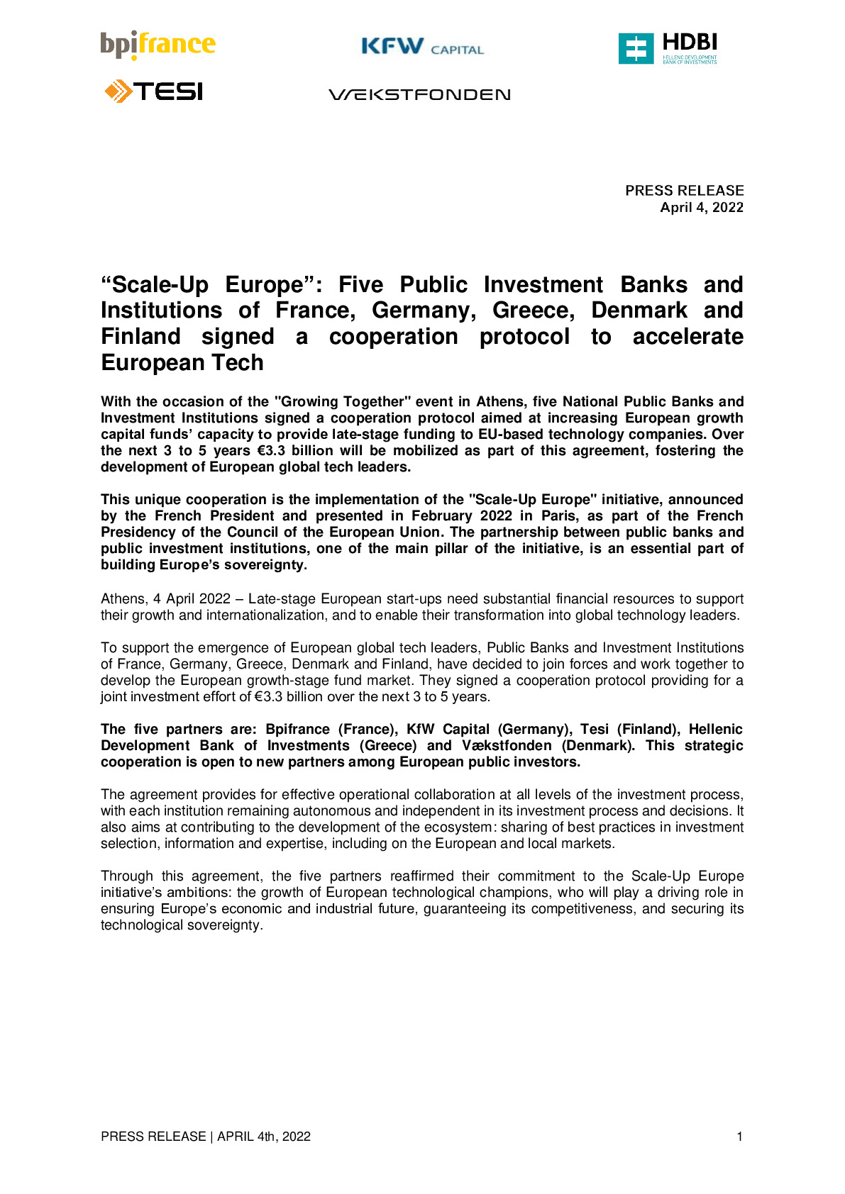 2022 04 04 – PR Scale Up Europe – Partnership public banks and investment funds – Growing Together Athens-pdf