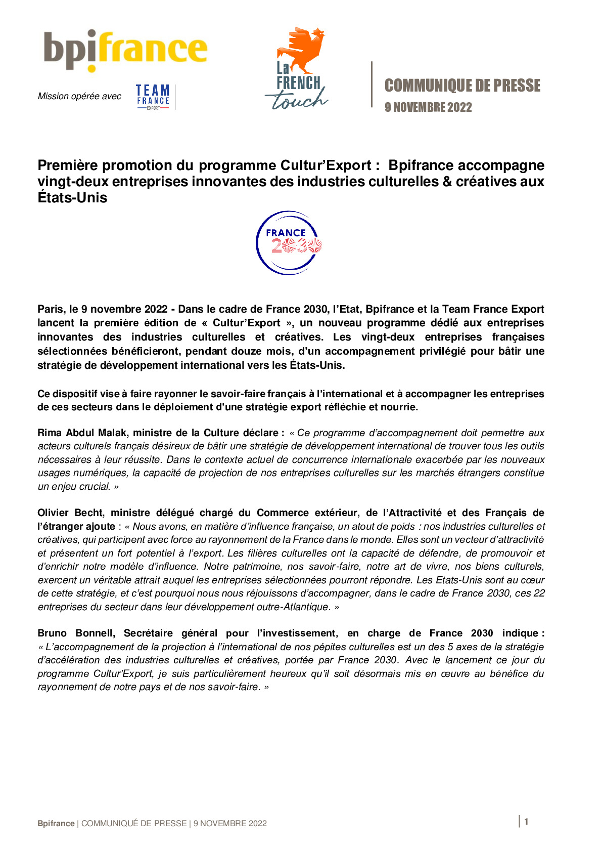 2022 11 09  – CP Premiere promotion du programme CulturExport Bpifrance accompagne 22 entreprises innovantes des industries culturelles  creatives aux Etats-Unis-pdf